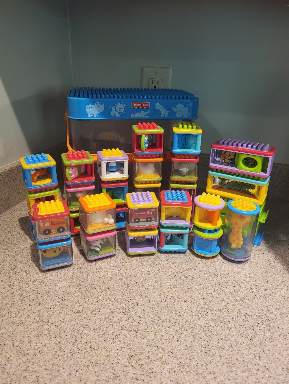 Fisher-Price Lot of 33 Pieces Peek A Boo Toddler Sensory Blocks Mixed And Bucket